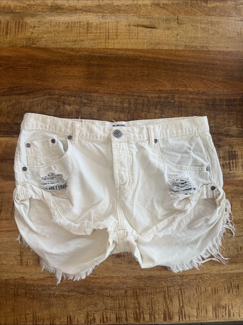 One Teaspoon cream Bandits Distressed Frayed Hem Denim Shorts